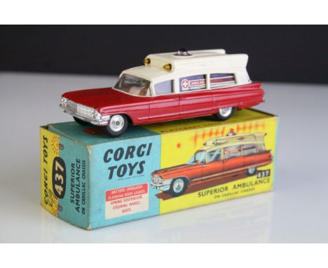 Boxed Corgi 437 Superior Ambulance on Cadillac Chassis diecast model in vg condition with vg decals, box a touch grubby with 