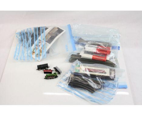 Group of N gauge model railway to include Grafar 0-6-0 locomotive, 2 x Grafar trucks, boxed Lima London Brick truck, station 
