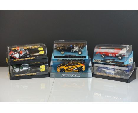 Six cased Scalextric slot cars to include C129 March Ford 240, C050 JPS Formula 1, C026 March Ford 721, C281 Red Motorcycle C
