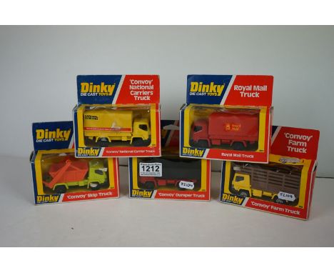 Five boxed Dinky diecast models to include 380 Convoy Skip Truck, 381 Convoy Farm Truck, 382 Convoy Dumper Truck, 383 Convoy 