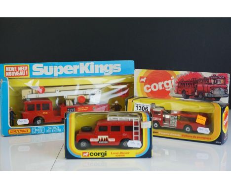 Three boxed diecast fire fighting models, to include Matchbox Superkings Snorkel Fire Engine K-39, Corgi Land-Rover 109WB 421