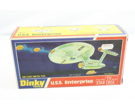 Boxed Dinky 358 Star Trek USS Enterprise diecast model with 6 x missile, unused sticker sheet, and inner packaging, vg/ex con