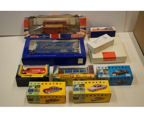 10 Boxed diecast models to include Atlas Dinky 514 GuyVan, Corgi 437 Coca Cola Van, 3 x Vanguards, Winross haulage set etc 