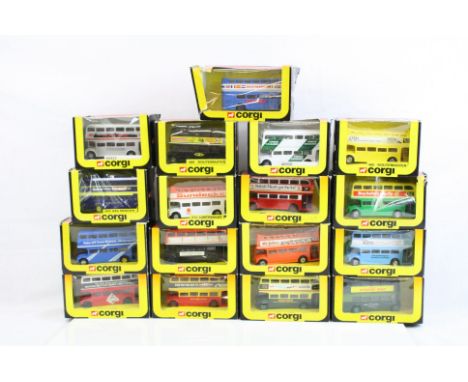 17 Boxed Corgi diecast model buses to include London Crusaders, Whiskey White Label, Gloucester Toy and Train Sale etc, dieca