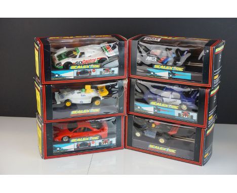 Six boxed Scalextric slot cars to include C464 BMW M3, C382 Jaguar XJ8, C424 Ford Cosworth Mondeo, C228 Qudos Car, C229 Kotzt