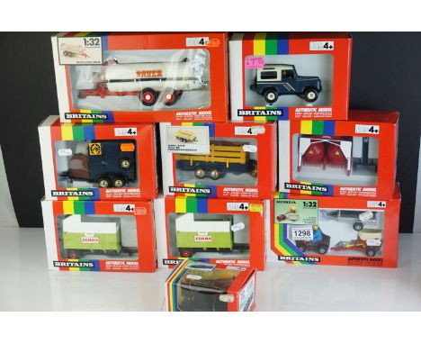 Nine boxed Britains 1:32 scale models, to include 9563 Bauer Vacuum Trailer, 9412 Log Sled, 9431 TRX 300, 9585 Kemper Crop He