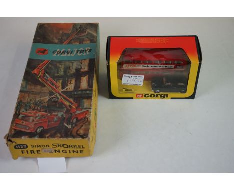 Two boxed Corgi diecast models to include 1127 Simon Snorkel Fire Engine (some paint loss and tatty box) and 1365 London Bus 