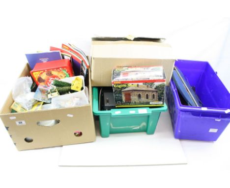 Large quantity of OO gauge model railway accessories to include trackside scenery, boxed Hornby R8636 Engine Shed, plastic tr