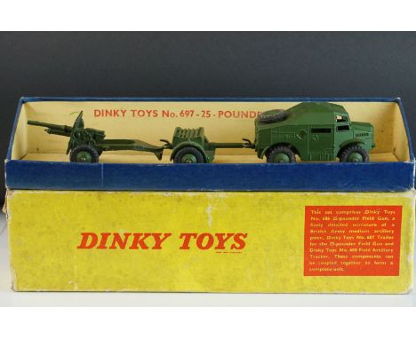 Boxed Dinky 697 25 Pounder Field Gun Set diecast model set, some paint chips but gd overall, outer box grubby with corner wea