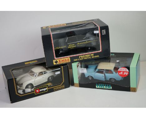 Three boxed 1:18 scale diecast models, to include Eagle Collectibles Land Rover Recovery LR0 0564, Bburago Porsche 356B Coupe