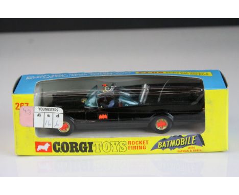 Boxed Corgi 267 Batmobile diecast model with Batman &amp; Robin figures complete with secret instructions, unused missiles an