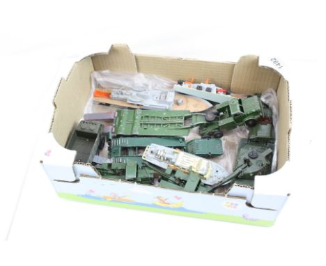 Nine mid 20th C play worn diecast models to include 3 x Dinky boats (Corvette, Motor Patrol Boat &amp; Air Sea Rescue Launch)