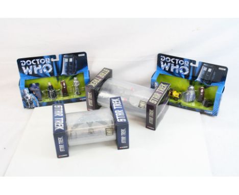 Two boxed Corgi diecast Doctor Who figure sets (TY96201 &amp; TY96202), both sealed with some dents to the packaging plus 2 x