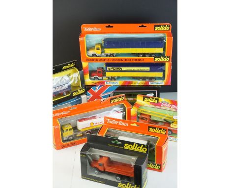 Nine boxed Solido commercial and construction models 374 Ivesco, 384, 3307 ESSO, London Double Decker Bus and 5 x Toner Gam (