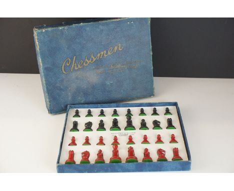 W Britain boxed lead chess pieces, early/mid 20th century, box worn, minor paint loss to pieces otherwise gen gd 