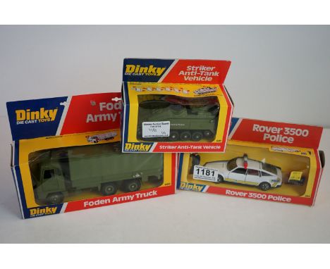 Three boxed Dinky diecast models to include 691 Striker Anti-Tank Vehicle, 668 Foden Army Truck &amp; 264 Rover 3500 Police w