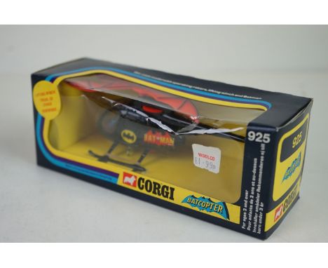 Boxed Corgi 925 Batcopter diecast model with Batman figure, diecast excellent/near mint, box vg with some squash to window an
