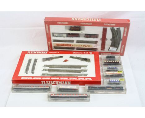 Two boxed Fleischmann N gauge sets to include 9370 with locomotive, 3 x items of rolling stock and track &amp; 9193 track pac