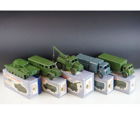 Five boxed Dinky Supertoys military diecast models to include 651 Centurion Tank, 661 Recovery Tractor, 689 Medium Artillery 
