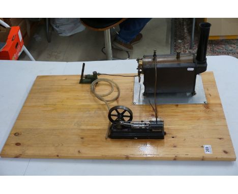 Stuart Live steam stationary lay out with engine and burner, on large wooden base, base measures 33" x 19" 
