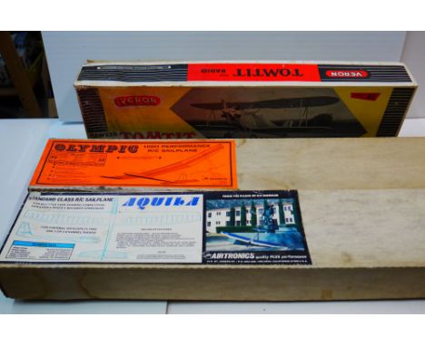 Three boxed model aircraft kits to include Veron Hawker Tomtit, Aquila Standard Class R/C Sailplane, and Olympic High Perform