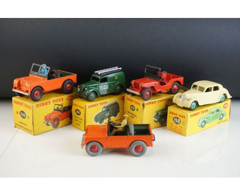 Four boxed Dinky diecast models to include 158 Riley Saloon in white, 261 Telephone Service Van, 340 Land Rover in orange and