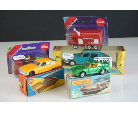 Five boxed diecast models to include Matchbox Superfast Porsche Turbo 3, Siku V 322 Citroen SM, Siku Super Serie 0828 Recycli