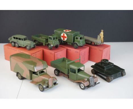 Three Dinky diecast military vehicles to include Army Wagon, Reconnaissance Car &amp; Military Ambulance pllus a Dinky BEV Tr