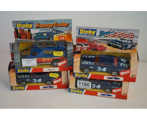 Four boxed Dinky diecast models to include 201 Plymouth Stock Car x3 &amp; 390 Customised Freeway Cruiser, boxes and models g