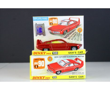 Boxed Dinky 108 Joe 90 Sam's Car diecast model in red, with inner display stand, lapel badge and instructions, diecast and bo