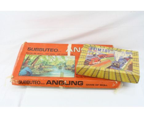 Boxed Brimtoy tin plate clockwork train set plus a boxed Subbuteo Angling (unchecked for completeness) 