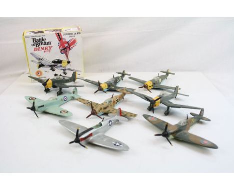 Eight Dinky diecast model planes to include Junkers JU87B Stuka in reproduction box, Spitfire MKII, Messerschmitt Bf 109E etc