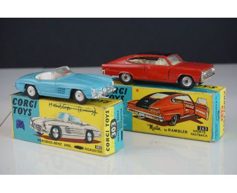 Two boxed Corgi diecast models to include 263 Marlin by Rambler Sports Fastback in red/black (paint loss to model edges, gd b