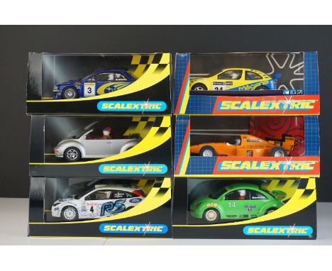 Six cased Scalextric slot cars to include Special Edition 0347 of 1000 C2204 McLaren Mercedes F1 Test Car No 7, c2234 VW Beet