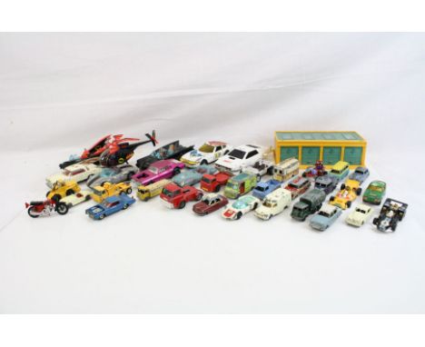 Collection of 30 20th C playworn Corgi and Matchbox Lesney diecast models to include Corgi Batmobile with Batman, Batboat and