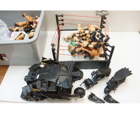 30+ x Jakks Pacific WWE/WWF action figures and Mattel WWF wrestling ring. Plus two Ertl Batman Batmobile, Mattel Batmobile an