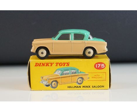 Boxed Dinky 175 Hillman Minx Saloon diecast models in beige / turquoise, vg with a few paint chips to edges, gd box 