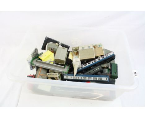 Quantity of OO gauge model railway to include 18 x items of rolling stock featuring Hornby, Lima etc, cardboard trackside bui