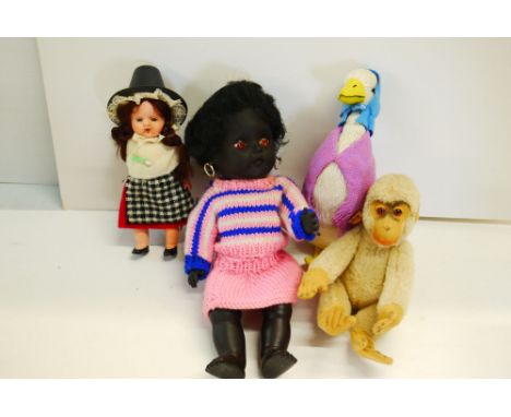 Vintage Beatrix Potter Jemima Puddle-Duck soft toy (unmarked), a Fooreign Monkey soft toy, and 2 x dolls 