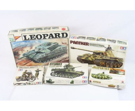 Five boxed 1/35 unbuilt military plastic model kits to include Nichimo Remote Control Tank Series Leopard, Tamiya x 3 (No 165