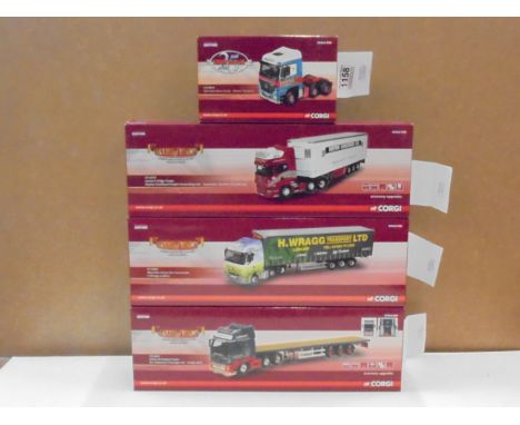 Three boxed 1:50 Corgi Hauliers of Renown diecast to include Scania R Fridge Trailer (CC13727), Mercedes Arctos Eco-Curtainsi