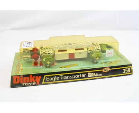 Boxed Dinky 359 Space 1999 Eagle Transporter diecast model appearing near mint and unopened from box, discolouring to box win