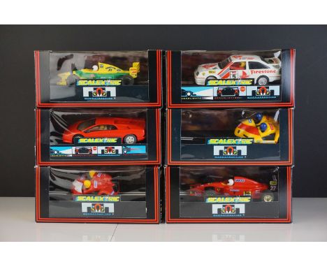 Six boxed Scalextric slot cars to include C142 Ford Benetton B193, C239 Mototrbike &amp; Sidecar Yellow Flash, C456 Ford Cosw