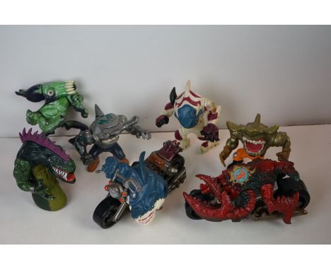 Seven playworn Mattel Street Shark action figures to include Killamari, Jab, Repteel, etc 
