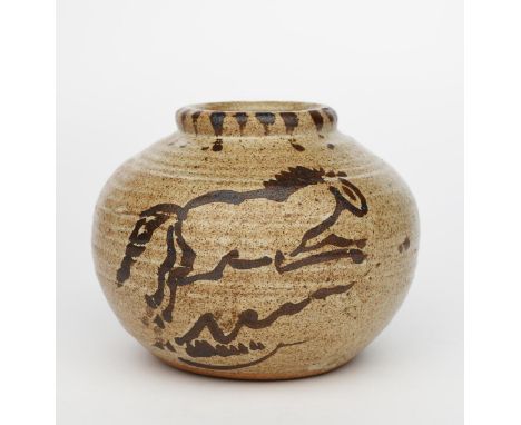 ‡ William Staite Murray (1881-1962) a stoneware vase compressed ovoid form, painted with a running horse in iron on a pitted 