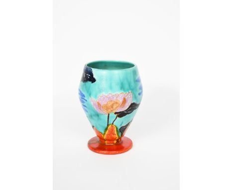 'Inspiration Lily' a rare Clarice Cliff goblet vase, painted in vivid colours on a turquoise ground, painted mark to base pot