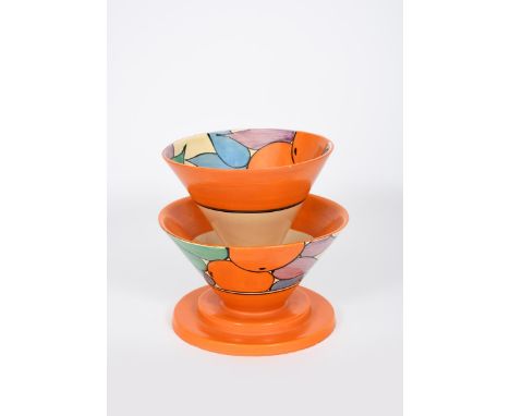 'Oranges' a rare Clarice Cliff Bizarre Double Conical bowl, shape 380, painted to the inside of the top bowl and exterior of 