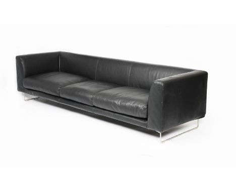 A Cappellini Elan EN4 leather sofa designed by Jasper Morrison,  low rectangular form on metal feet, black leather upholstery