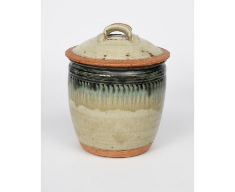 ‡ Richard Batterham (born 1936) a stoneware jar and cover, swollen cylindrical form with simple incised bands, the shallow do