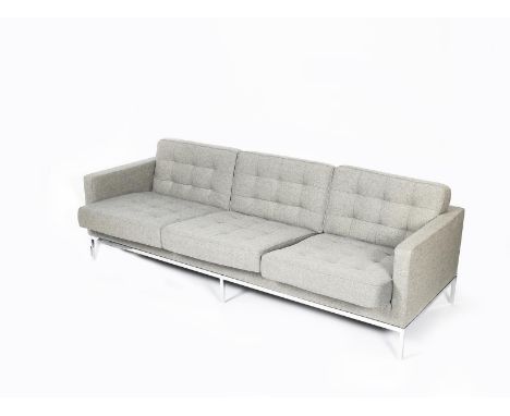 A Knoll Florence three seat sofa designed by Florence Knoll, originally designed in 1954, grey wool tweed cushions, on chrome